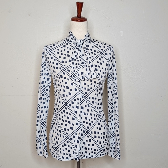 VTG 70s Montgomery Ward Blue and White Geometric Print Tie Neck Blouse Size 10 - Picture 1 of 7